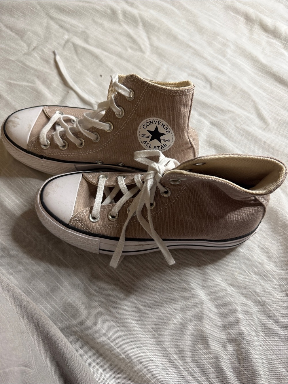 Platform Converse High Top Sneakers in Light Beige Canvas